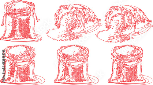 Red Outlines Illustrate Six Sacks Three Spilling Grain and Three Standing Upright, All Isolated