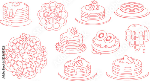 Red Outlines of Pancakes and Waffles with Fruit Toppings on White Background