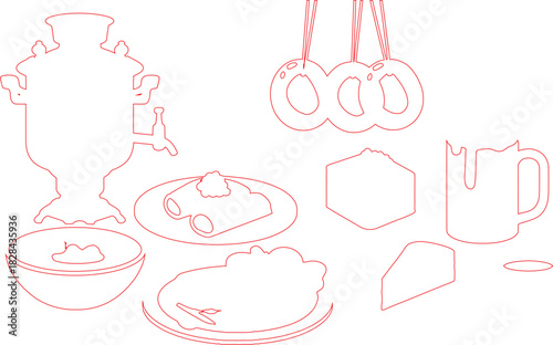 Red Outlines of Samovar, Sushki Bread, Plates, Dessert, Slice of Cake, and Mug Still Life