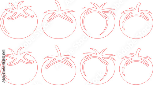 Red Tomato Outline Pattern Eight Tomatoes on White Background, Illustration Style