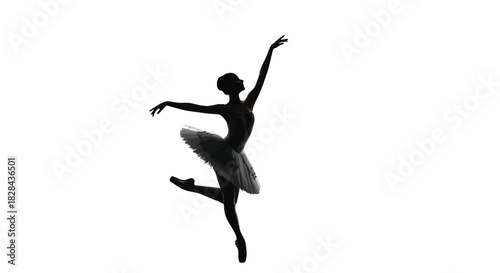Elegant ballerina in silhouette gracefully performing a classical ballet pose on white backdrop captivating dance art conveying emotion through fluid movement and artistic expression