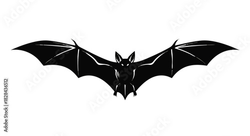 Eerie Bat Silhouette Against a Bright White Background for Halloween or Horror Designs and Decorations with Spread Wings in Black Color