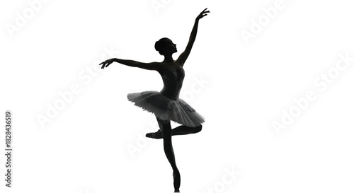 Elegant ballerina silhouette in graceful arabesque pose with tutu and pointe shoes artistic dance performance on white backdrop studio shot capturing the essence of dance