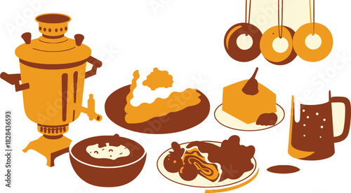 Stylized Still Life Samovar, Pastries, Doughnuts, and Beer Mug Illustration, Warm Color Palette