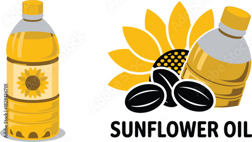 Sunflower Oil Bottle with Seeds and Flower Illustration, Natural Cooking Ingredient Design