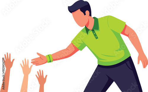 Vector Illustration of Man Giving High Five in Modern Flat Style with Bright Green Shirt and Dark Pants