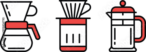 Three Coffee Brewing Methods Pour Over, Drip Filter, and French Press Illustration