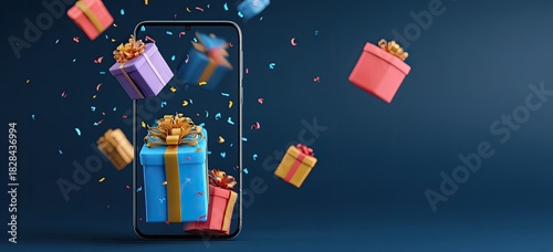 A smartphone displaying a virtual gift box surrounded by floating gifts and colorful confetti against a dark blue background
