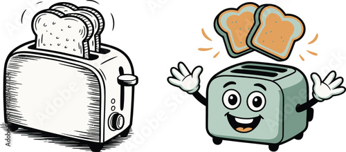 Toaster with Bread Slices, Cartoon Toaster Character, Illustration of Kitchen Appliances with Food