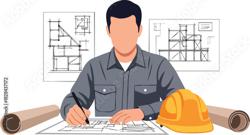 Vector Illustration of Architect with Blueprints and Construction Helmet in Modern Minimalist Style