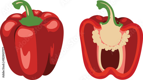 Two Red Bell Peppers One Whole, One Cut Open with Seeds and Stem