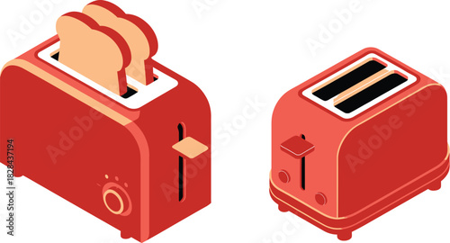 Two Red Toasters Isometric Illustration One with Bread, One Empty for Comparison, Kitchen Appliances