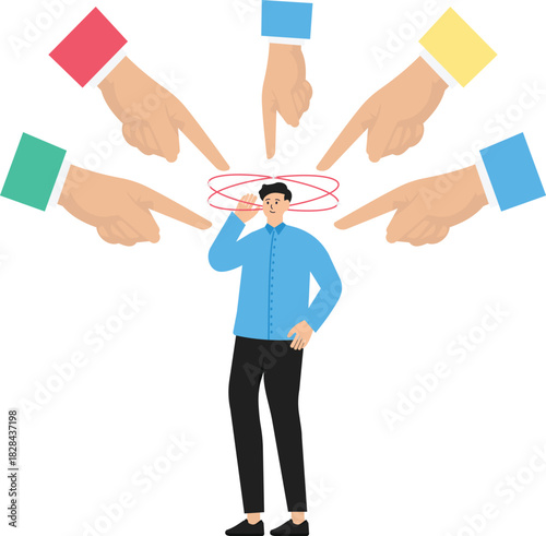 Boss pointing and blaming depressed employee. Toxic jobs and harassment or intimidation of co-workers, fear of failure and responsibility bad culture makes depressed employees bored.
