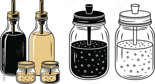 Vintage Style Illustration of Oil, Vinegar, and Marinated Liquid Jars with Stoppers