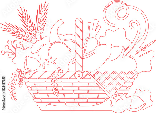 Wicker Basket Filled with Autumn Harvest Vegetables, Fruits, and Wheat Sheaves, Red Outline Design
