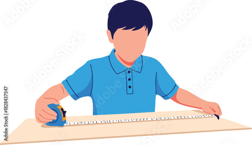 Minimalist Vector Illustration of Child Measuring with Ruler in Flat Style with Bright Colors