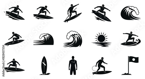 Geometric Abstract Surfing Silhouettes: Thrilling Wave Rides and Beach Icons