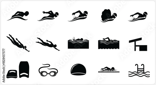 Fluid Black Vector Silhouettes of Swimming Strokes and Aquatic Sports Gear