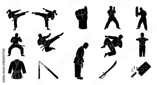 Sharp Black Vector Silhouettes for Martial Arts Kicks, Punches, and Discipline