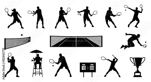Sleek Professional Tennis Silhouettes Capturing Court Action and Game Icons