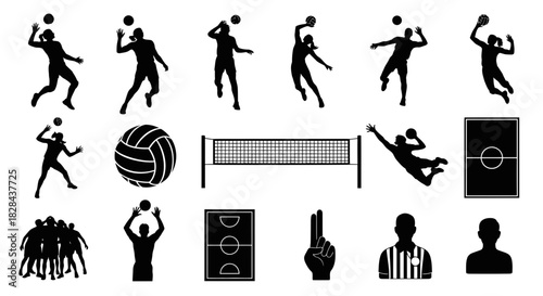 Streamlined Volleyball Action Silhouettes Icon Set: Key Player Moves