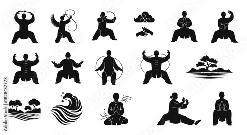 Tranquil Tai Chi Silhouette Set Focusing on Mindful Movement and Inner Calm