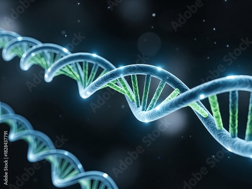 Abstract 3D rendering of a DNA double helix structure, symbolizing genetics, science, and life's building blocks in a futuristic, glowing, and detailed visualization of molecular biology
