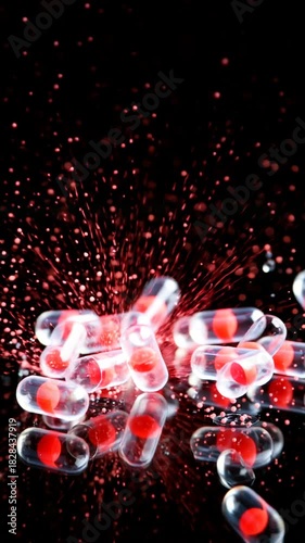 Transparent Holographic Capsule Array Falling and Bursting on Black Background
