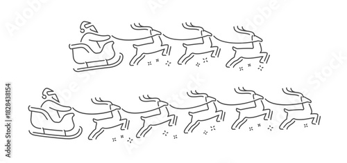 Santa Claus ride sleigh flying reindeer. Christmas holiday, winter festive design, seasonal decoration symbol or icon