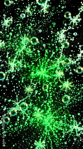 Transparent Holographic Bubbles Floating Densely and Bursting Collectively on Black Background
