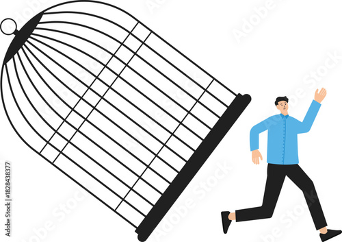 Change to experience new challenges or liberate the concept of freedom, Escape from routine comfort zone, strong ambitious entrepreneur bends the bar and escapes from the birdcage trap.
