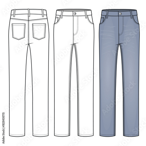 Slim fit jeans pants technical flat drawing vector mockup template.