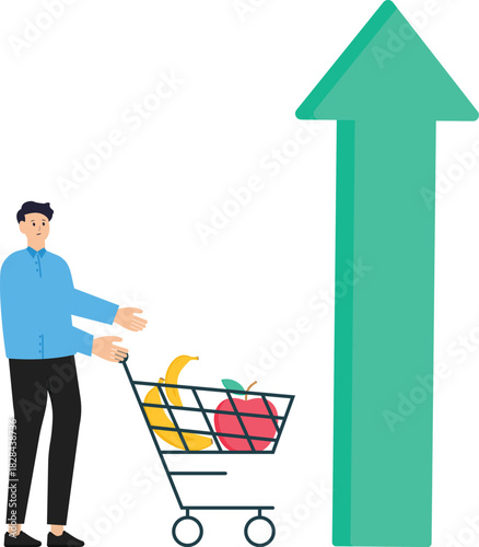 Inflation growth of consumer price index and financial crisis concept. The character buys food in the supermarket and is worried about rising prices for groceries.
