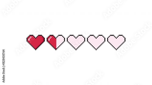 Animated heart progress bar showing a row of hearts with subtle progression animation where hearts activate gradually representing low emotional activity prores alpha channel 4k 60fps