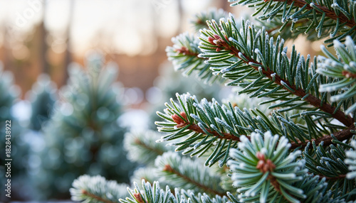 Frosted pine needles glistening in the morning light, holiday spirit
