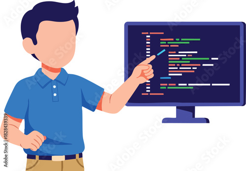 Vector Illustration of Programmer Coding on Computer in Modern Flat Style with Bright Colors for Tech and Software Development