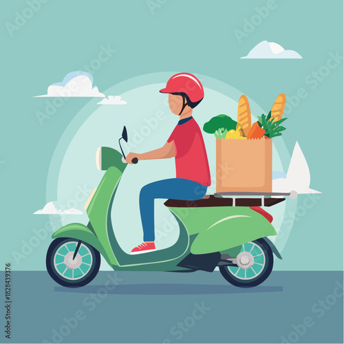 Grocery Delivery Courier on Scooter Vector Illustration