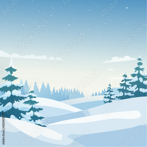 Peaceful Winter Snow Landscape with Pine Trees and Gentle Snowfall Vector Illustration