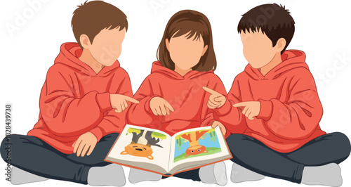 Illustration Vector of Children Reading Book with Animals in Modern Minimalist Style Featuring Bright Colors