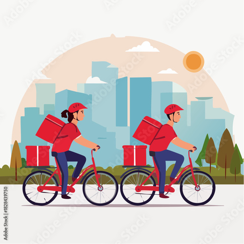 Food Delivery Couriers Riding Bicycles and Scooters in Red Uniforms