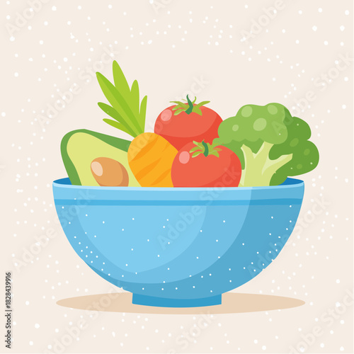 Blue Bowl with Fresh Fruits and Vegetables Vector Illustration