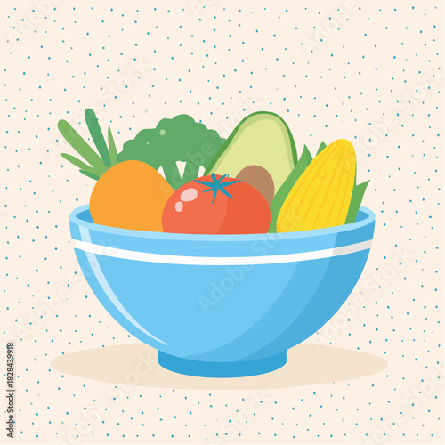 Blue Bowl with Fresh Fruits and Vegetables Vector Illustration