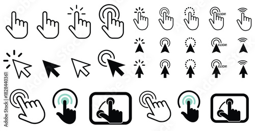 Collection of various pointing hand icons and cursor symbols in black and white
