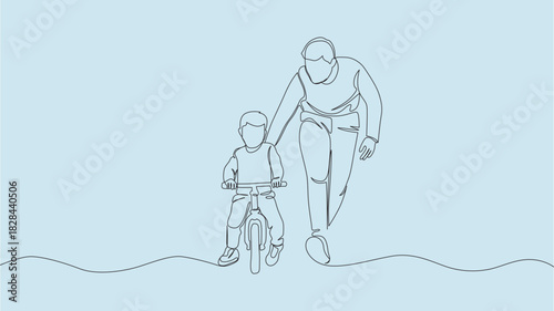 Father teaches his son to ride a bike, line art illustration, fathers Day illustration.