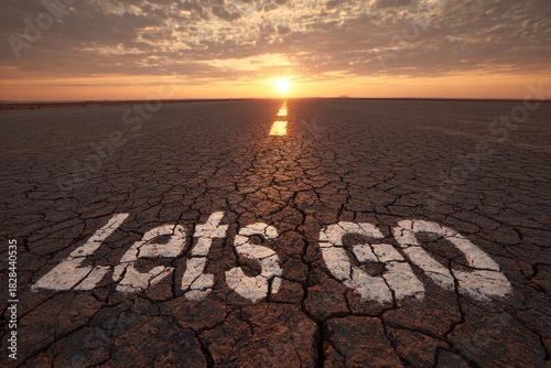 Inspiring sunset view over cracked earth with motivational words painted on the ground