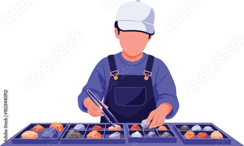 Vector Illustration of Sushi Chef Preparing Sushi in Minimalist Modern Style with Neutral Colors for Food Industry Branding