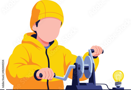 Vector Illustration of Child in Yellow Jacket and Hat Operating Hand Crank Generator with Light Bulb in Modern Cartoon Style