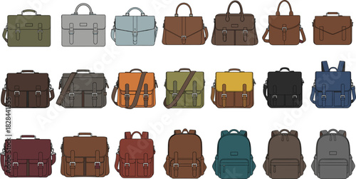 Large Collection of Business Bag Vector Illustrations Featuring Satchels, Briefcases, Messenger Bags, and Backpacks in Various Retro and Modern Colors for Fashion and Travel Concepts