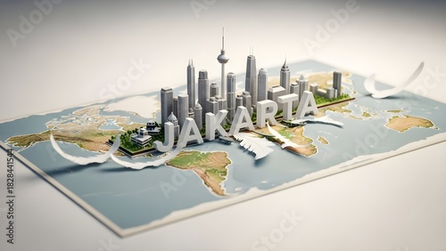 Three dimensional cityscape model on a world map representing urban planning