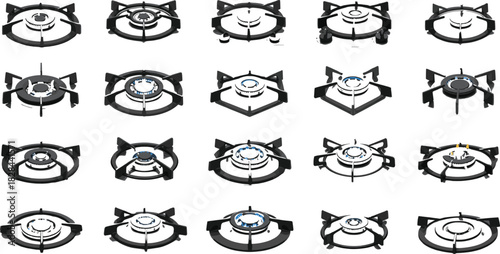 Gas Stove Burner Grate Icon Vector Collection Set Illustrating Various Shapes and Designs of Kitchen Hob Elements, Some with Blue Flames, for Cooking and Appliance Concepts